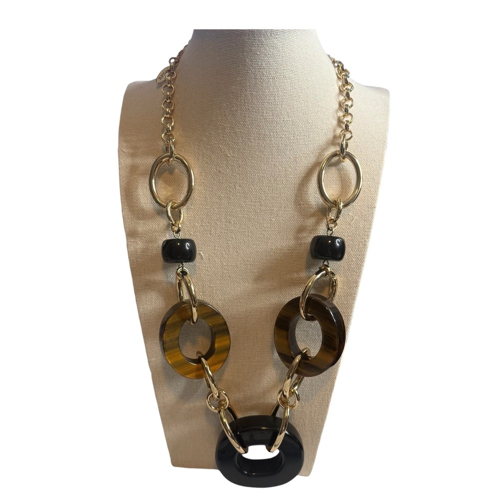 Chicos Statement‎ Necklace Gold Tone Black Tortoise Shell Chunky Links